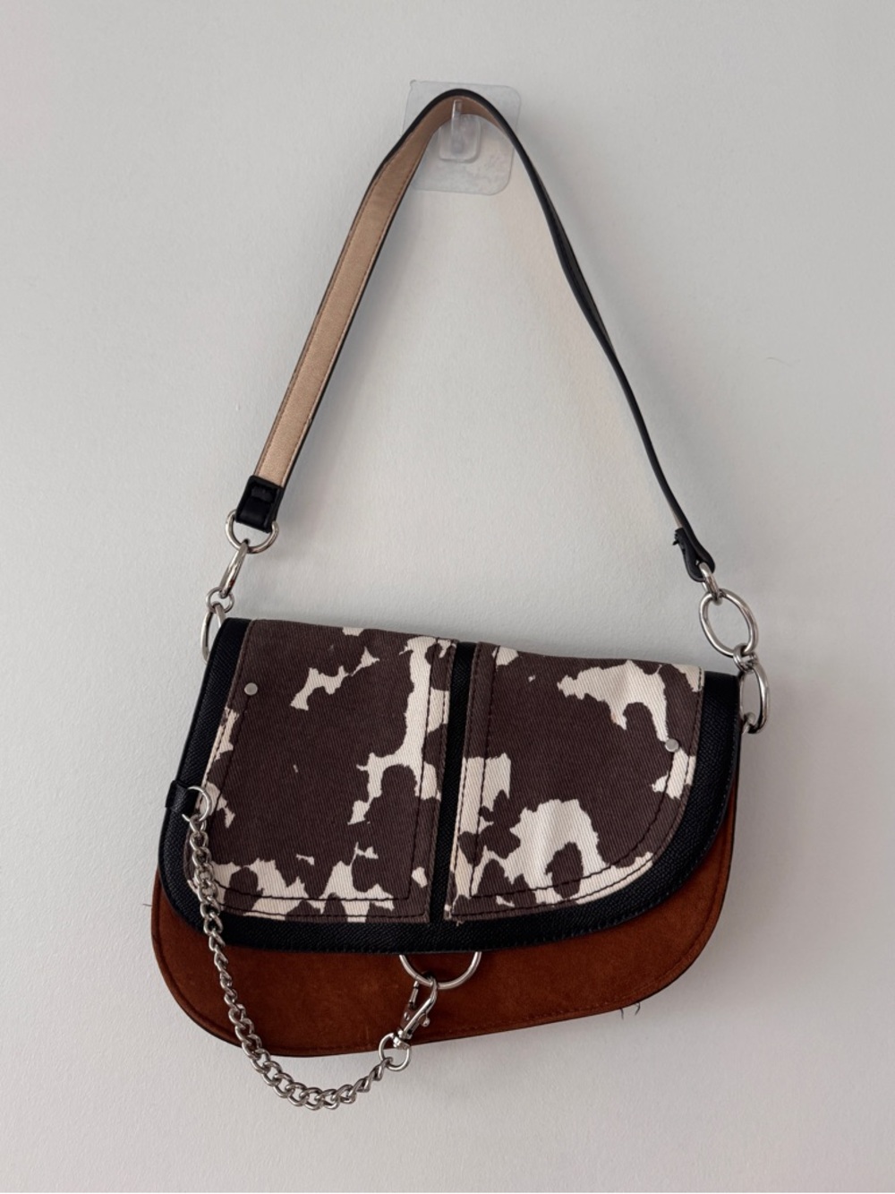 Call It Spring Brown and White Cowprint Shoulder Bag with Chain